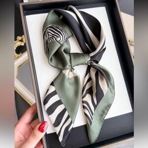 Anthropologie Olive Green Black Zebra Print Silk Scarf